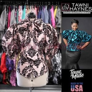 Taffeta Damask Bow Blouse Light Pink & Black